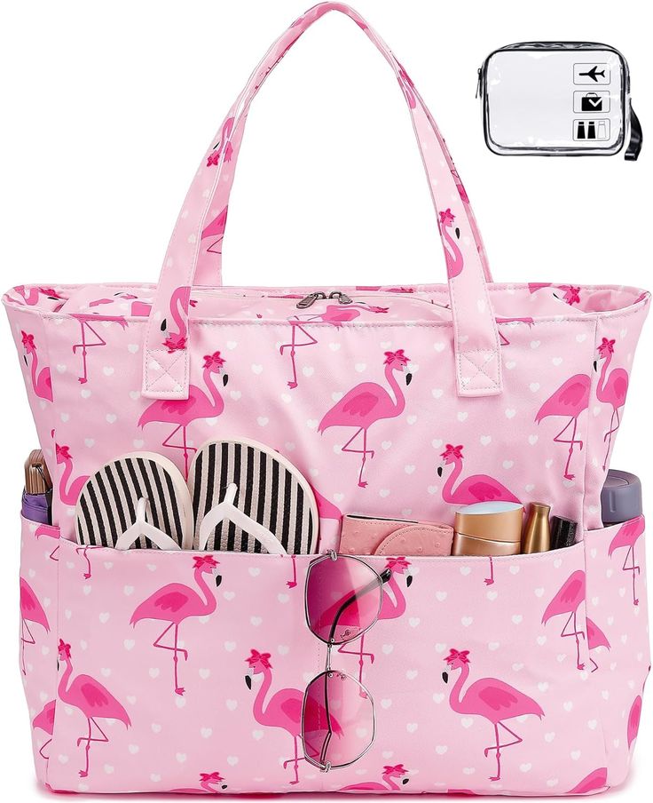 Beach Pool Bags Tote for Women Ladies Large Gym Tote Carry on Bag with Wet Compartment for Weekender Travel Waterproof Flamingo Clothes, Flamingo Bag, Large Beach Bags, Gym Tote, Pool Bags, Flamingo Pink, Swim Suits, Smart Design, Day Bag