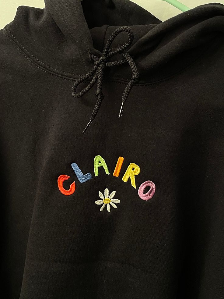 clairo hoodie - designed by me - embroidered - handmade to order - super soft and comfy - pre-shrunk 50/50 cotton/polyester please dm if you have any questions! 👀 Trendy Embroidered Hooded Hoodie, Black Cotton Hoodie With Embroidered Logo, Cute Embroidered Hoodie For Streetwear, Black Hoodie With Embroidered Logo, Black Embroidered Hooded Hoodie, Trendy Cotton Hoodie With Embroidered Graphics, Cute Hoodie With Embroidered Graphics For Streetwear, Cute Black Hooded Sweatshirt, Embroidered Black Hoodie For Streetwear