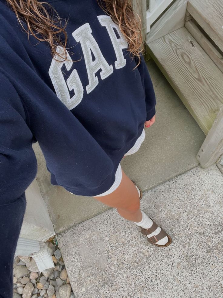 Summer Crewneck Outfit, Summer Fits With Birkenstocks, Summer Sweatshorts Outfit, Navy Gap Hoodie Outfit, Navy Blue Gap Hoodie Outfit, Beach Birkenstock Outfit, Gap Crewneck Outfit, Cute Gap Hoodie Outfits, Crew Neck And Shorts Outfit