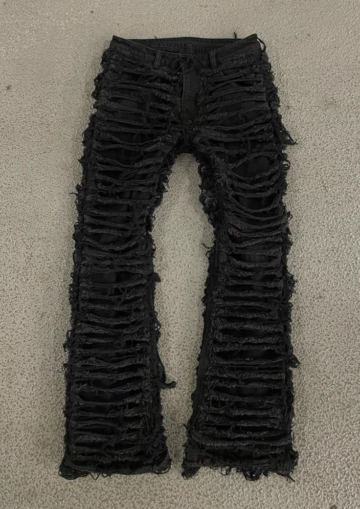 Stacked Black Jeans, Custom Black Jeans, Stack Pants, Simple Leg Tattoos, Grunge Fashion Outfits, Stacked Jeans, Denim Diy Clothes, Apparel Design Inspiration, Drippy Outfit