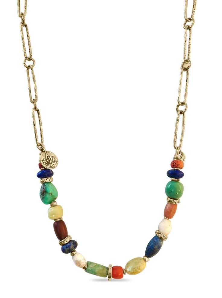 Golden handmade bronze links are the perfect chain for our strand of hand cut and raw colorful stones. The organic and natural feel of this necklace lends it an authenticity that is very luxe. Turquoise, olive jade, ancient carnelian dig beads, ancient coral, amazonite and lapis all provide a beauty and energy that is believed to protect and guide. Lapis encourages self-awareness, self-expression and reveals inner truth. Chrysoprase promotes trust, a sense of safety and helps with heartache, jea Self Made Jewelry, Paperclip Necklaces, Meditation Symbols, Dreamcatcher Necklace, Rainbow Stone, Funky Necklace, Colorful Stones, Dream Catcher Necklace, Small Beads