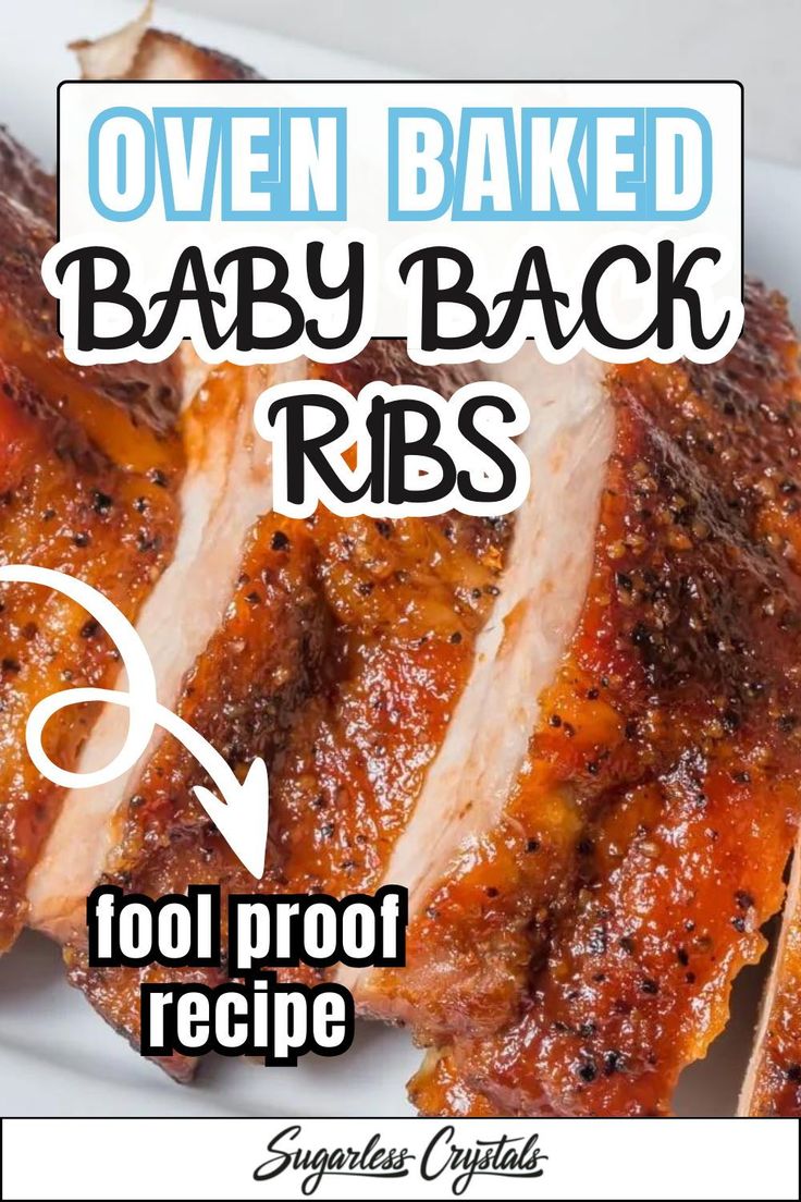 oven baked baby back ribs on a plate with text overlay that reads oven baked baby back ribs tool proof recipe