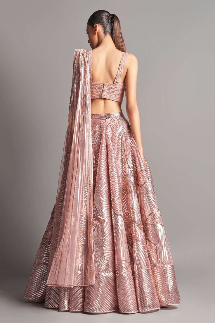 Blush pink structured lehenga with metallic polymer- yarns and embellished pearls. Paired  with moulded textured blouse and dupatta. 
Component: 3
Embroidered
Neckline: V Neck
Sleeve Length: Sleeveless
Fabric: Tulle, Mesh
Color: Pink
Plunging neck
Striped hem lehenga
Closure: Blouse: Concealed back hooks - Aza Fashions Amit Aggarwal, Embroidered Bridal Lehenga, Floral Skirt Outfits, Sangeet Outfit, Bridal Mehendi Designs, Fancy Sarees Party Wear, Gaun Fashion, Embroidered Lehenga, Indian Gowns Dresses