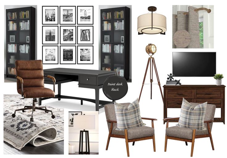 a collage of photos with furniture and decor in it, including a desk, chair, lamp, rug, bookshelf and pictures on the wall