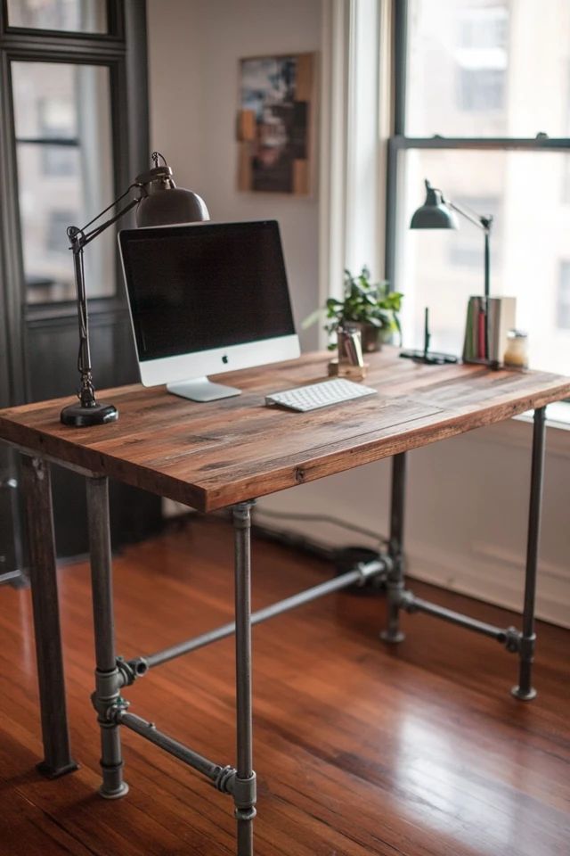 a desk with a computer on it in front of a window and wooden flooring