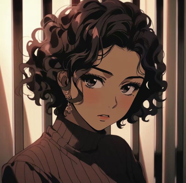 an anime character with curly hair looking at the camera while standing in front of a window