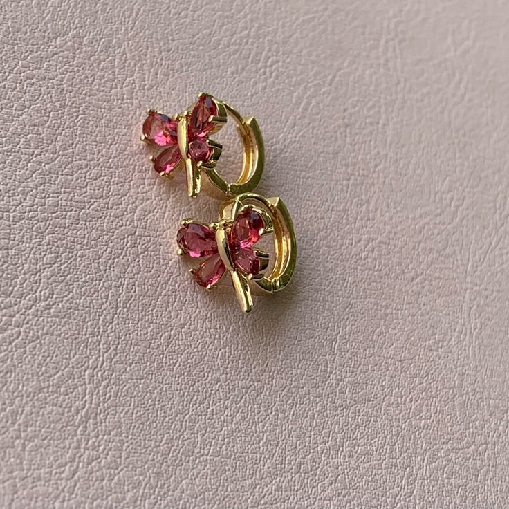 Hoop Style Earrings In 18k Gold Plated Material And Ruby-Lab Size 20 Mm Pink Huggie Earrings Fine Jewelry Gift, Pink Fine Jewelry Huggie Earrings As Gift, Pink Fine Jewelry Huggie Earrings For Gift, Pink Formal Hoop Earrings In Fine Jewelry Style, Pink Huggie Earrings For Anniversary, Pink Hoop Earrings For Formal Occasions, Elegant Pink Hoop Earrings, Clip-on Small Hoop Huggie Earrings For Gift, Small Hoop Clip-on Huggie Earrings As Gift