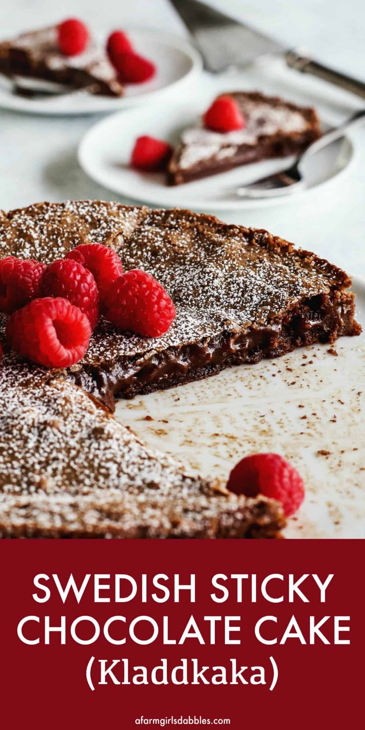 swedish sticky chocolate cake with raspberries on top and the title overlay reads swedish sticky chocolate cake kiddka