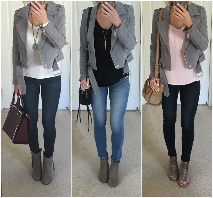 Suede Biker Jacket Outfit, Casual Leather Leggings Outfit, Gray Leather Jacket Outfit, Suede Moto Jacket Outfit, Smart Casual Women Dress, Grey Jacket Outfit, Leather Leggings Casual, How To Wear Denim Jacket, Biker Jacket Outfit