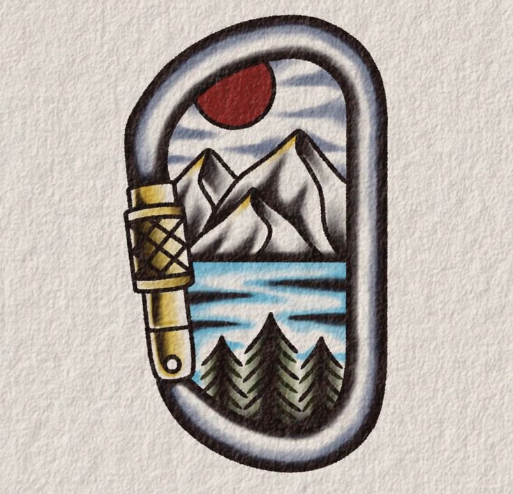 a drawing of a bottle opener with mountains in the background