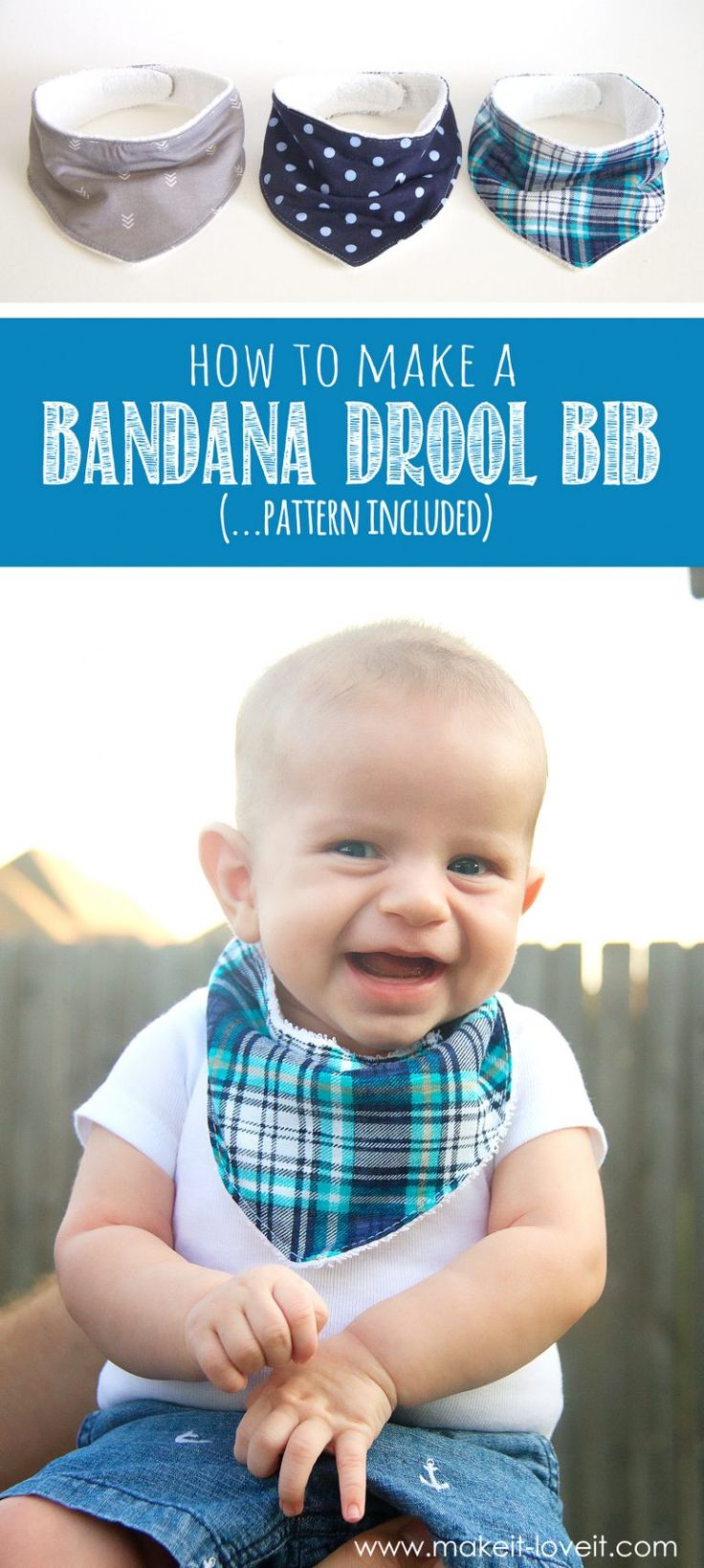 the instructions for how to make a bandana drool bib with an adorable baby