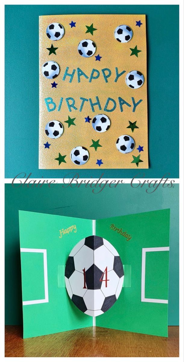 two different pictures of a birthday card with a soccer ball on it