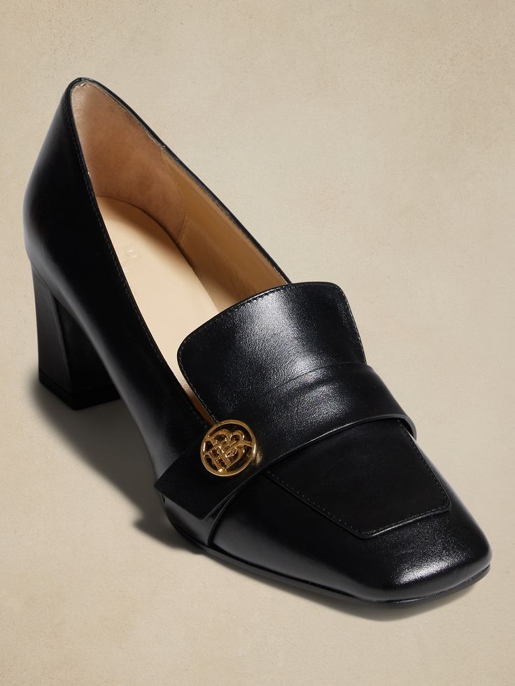 Part loafer, part pump, these timeless heels offer all-season appeal with a sturdy, not-too-high heel, distinctive seaming, and exquisite Italian craftsmanship topped off with a golden BR logo accent.  Crafted from beautiful, natural leather, these s Chic Loafers With Branded Heel Counter For Office, Chic Office Loafers With Branded Heel Counter, Chic Slip-on Court Shoes For Work, Elegant Slip-on Court Shoes With Deep Heel Cup, Chic Business Loafers With Padded Heel, Chic Loafers With Sculpted Heel For Fall, Chic Business Casual Loafers With Sculpted Heel, Chic Office Loafers With Padded Heel, Chic Fall Loafers With Branded Heel Counter