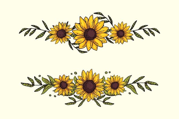 two yellow sunflowers with green leaves and stems on the side of each one