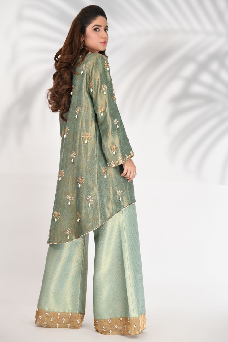 Retails $550 | Rent $125 #indianfashion #modindianfashion #fashionsita #enchantingdress Elegant Green Palazzo Set With Traditional Drape, Green Embellished Palazzo Set For Wedding, Embellished Green Palazzo Set For Wedding, Elegant Hand Embellished Kurta For Reception, Elegant Traditional Wear With Pearl Embroidery For Reception, Elegant Brocade Palazzo Set With Dupatta, Elegant Raw Silk Palazzo Set With Resham Embroidery, Elegant Hand-embellished Salwar Kameez For Reception, Elegant Hand Embellished Salwar Kameez For Reception