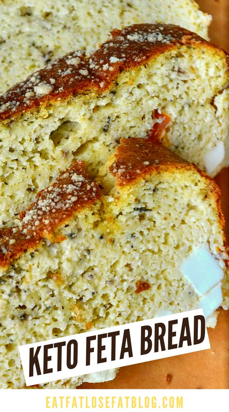 two slices of keto feta bread on a cutting board with the text overlay