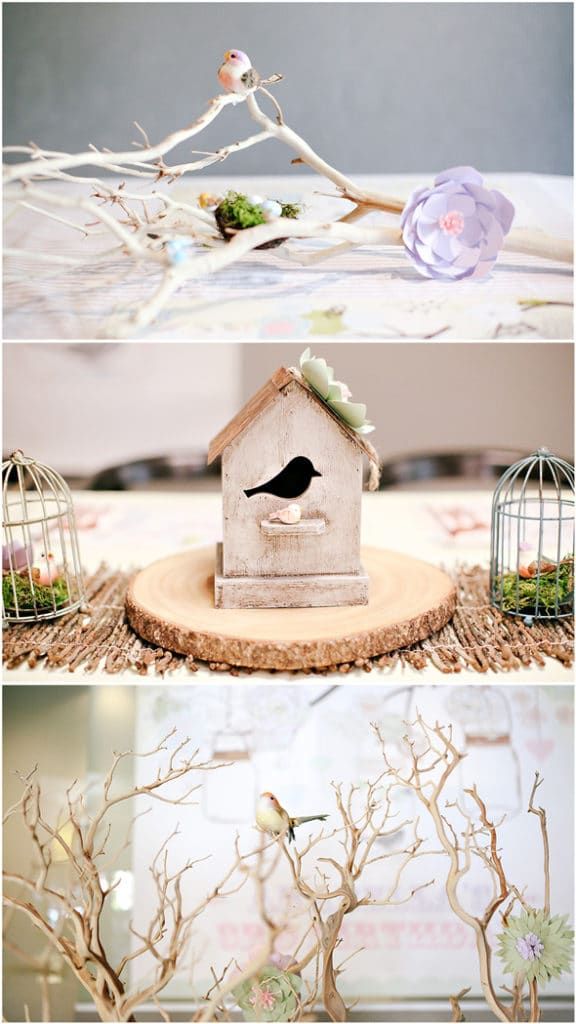 three different pictures of bird houses and branches