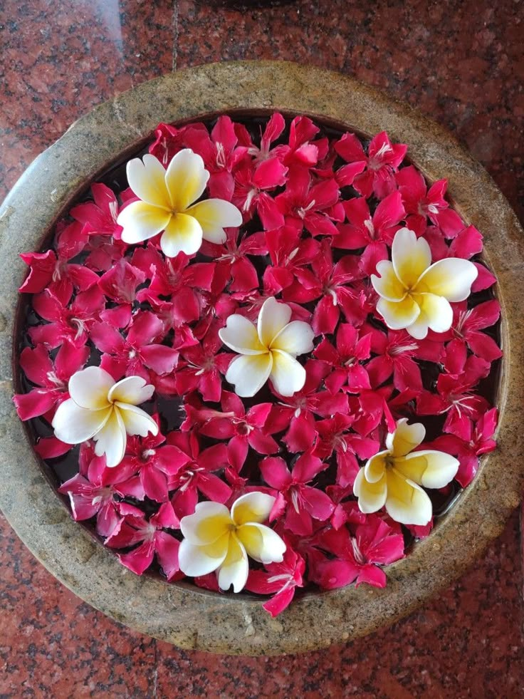 red and white flowers floating in a bowl on a table with brown marble topper