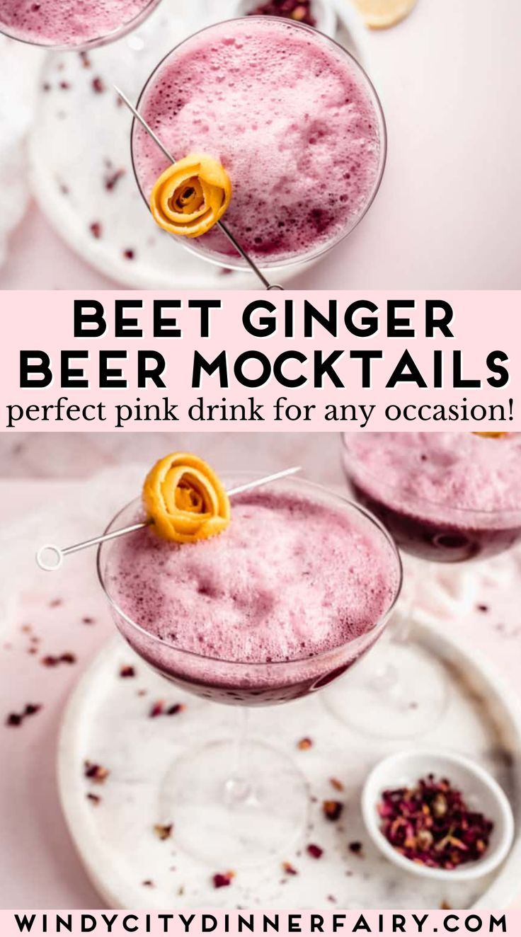 two glasses filled with beet ginger beer cocktails on top of a white plate