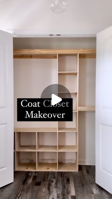 an empty closet with wooden shelves and white doors that says coat closet makeover on it