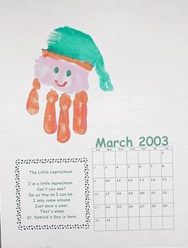 a calendar with an image of a child's handprinted doll on it