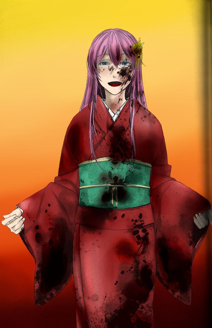 an anime character with pink hair wearing a red kimono and holding a green object