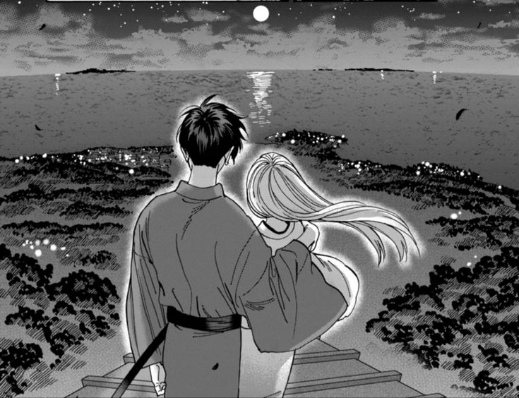 a man and woman looking out at the ocean with stars in the sky above them