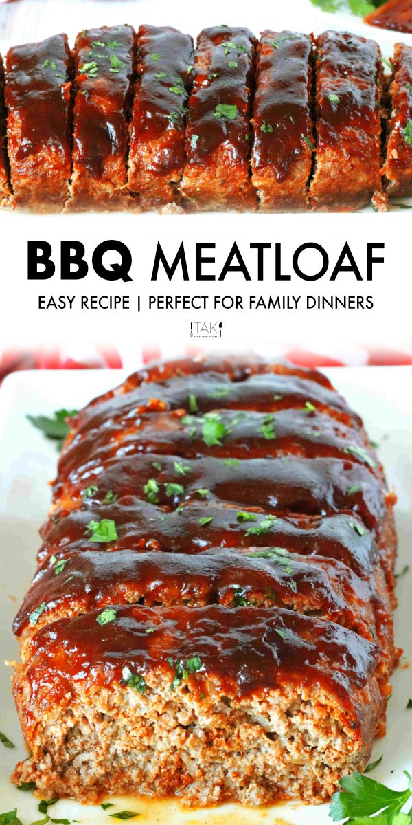 bbq meatloaf on a plate with sauce and parsley