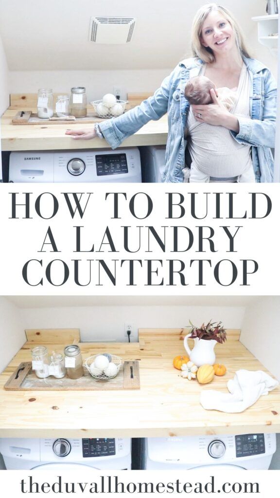 a woman standing in front of a washer and dryer with the words how to build a laundry countertop