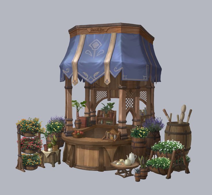 an outdoor gazebo with potted plants and pots on the ground next to it