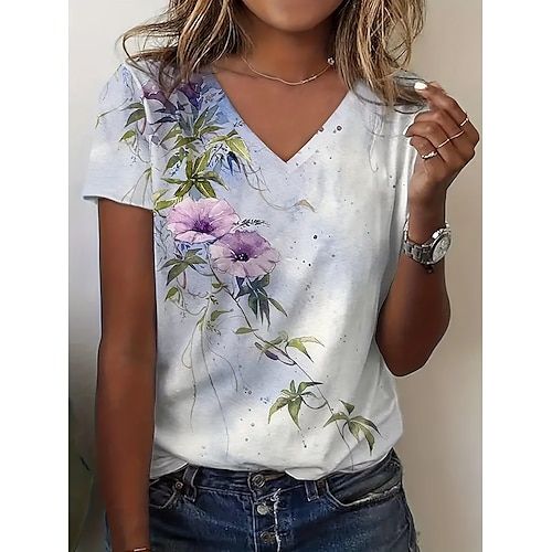 Category:T-shirt; Season:Summer; Fabric:Polyester; Sleeve Length:Short Sleeve; Look After Me:Machine wash,Washable,Wet and Dry Cleaning; Gender:Women's; Style:Casual; Elasticity:Micro-elastic; Tops Type:T Shirt; Occasion:Daily; Top Length:Regular Tops; Fit Type:Regular Fit; Pattern:Plants,Floral; Design:Print; Neckline:V Neck; Brand:Shall We; Listing Date:07/26/2024; Bust:null; Length:null; Sleeve:null; Fit US Size:null; Fit UK Size:null; Fit EU Size:null; Print Type:3D Print Cheap Oversized Floral Print T-shirt, Cheap Patterned Short Sleeve Shirt, Oversized Green Shirt Cheap, Cheap Patterned T-shirt With All Over Print, Cheap Hand Printed Short Sleeve Tops, Cheap Hand-printed Summer T-shirt, Cheap Oversized Short Sleeve Shirt, Cheap Oversized Short Sleeve Shirt For Summer, Cheap Hand Printed Short Sleeve T-shirt