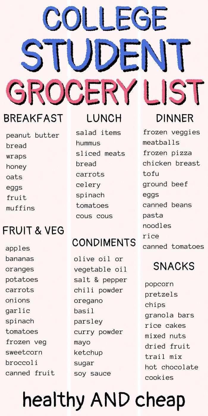 the college student grocery list is shown in red and blue, with words above it