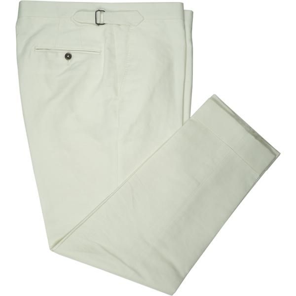 Off-White Linen White Semi-formal Bottoms With Welt Pockets, White Tailored Pants For Semi-formal Occasions, White Fitted Cotton Bottoms, Fitted White Cotton Bottoms, White Formal Dress Pants With Pressed Crease, Formal White Dress Pants With Pressed Crease, White Pants With Pressed Crease For Formal Occasions, Fitted Cotton Pants For Semi-formal Occasions, Tailored White Dress Pants For Formal Occasions