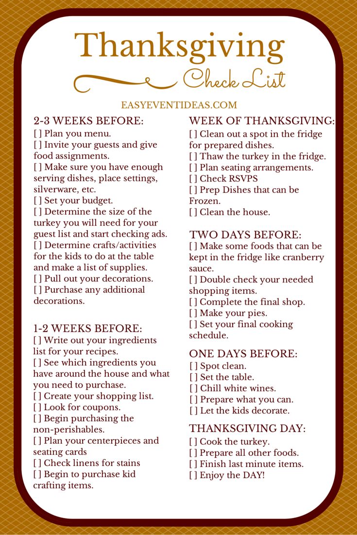 thanksgiving checklist with the words, 25 weeks before thanksgiving