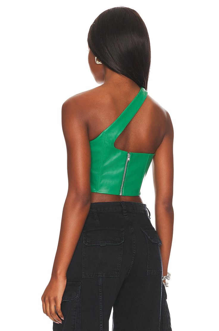 Self: 100% polyester ground with, 100% polyurethane Lining: 97% cotton, 3% spandex Dry clean only Exposed back zipper closure One shoulder styling Boned bodice Faux leather fabric Model wearing size XS. Trendy Fitted Faux Leather Top, Trendy Fitted Faux Leather Tops, Fitted Tops With Zipper Closure For Club, Edgy Fitted Faux Leather Top, Fitted Faux Leather Edgy Tops, Edgy Fitted Top With Zipper Closure, Spring Club Tops With Zipper Closure, Stretch Tops With Zipper Closure For Club, Chic Fitted Faux Leather Tops