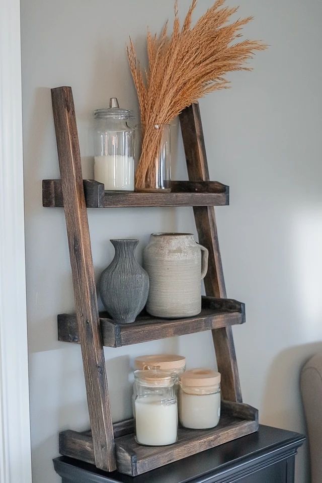 a shelf with candles, jars and vases sitting on it's sides in a room