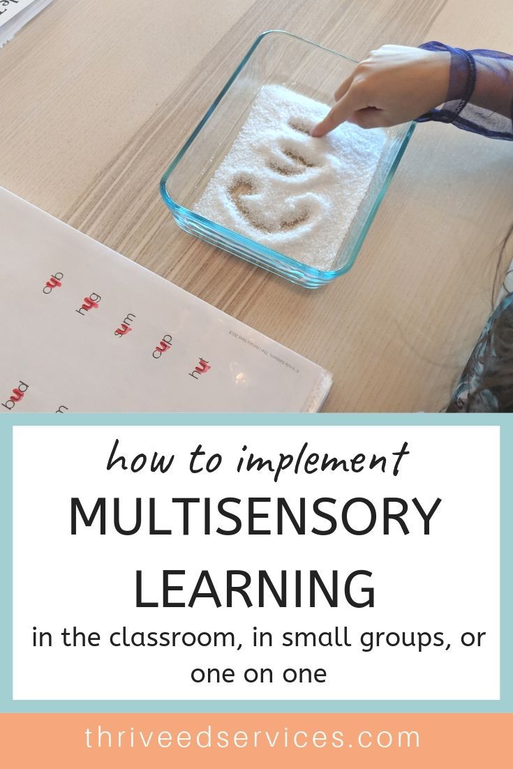 a child is playing with flour in a glass bowl on the table and text overlay reads how to implement multisensory learning in the classroom, in small groups, one