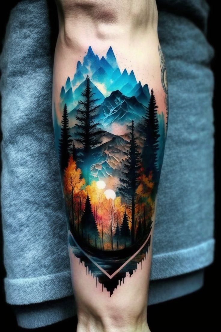 a man's arm with a mountain scene and trees on it, while the sun is