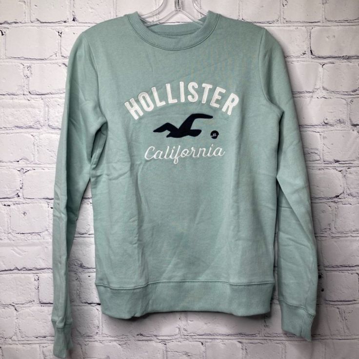 Hollister Sweatshirt. New Without Tags, Never Worn. #Ja15m Casual Crew Neck Top With Logo Print, Casual Long Sleeve Tops With Logo Print, Green Casual Sweatshirt With Logo Print, Green Logo Print Casual Sweatshirt, Casual Cotton Sweater With Logo Print, Casual Long Sleeve Sweater With Logo Print, Casual Logo Print Sweatshirt For Spring, Casual Cotton Sweatshirt With Logo Print, Hollister Sweatshirt