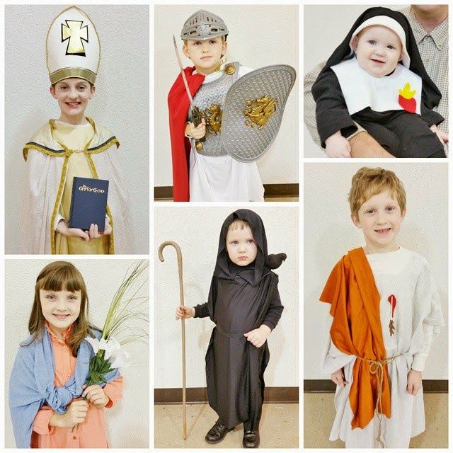 Catholic All Year: Over 150 All-Saints Day Costumes for Kids St Michael Costume For Kids, Saints For Kids Catholic Dress Up, Diy Saint Costume For Kids, All Saints Day Crafts, All Saints Day Activities For Kids, Saints Costume, Catholic Halloween, Jesus Costume, Saint Costume