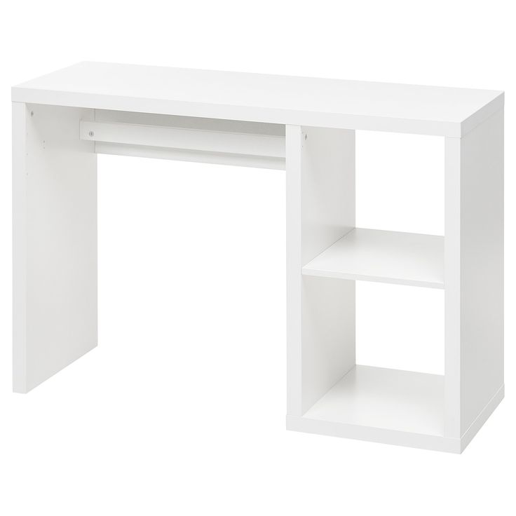 a white desk with two shelves on each side and an open shelf underneath the desk