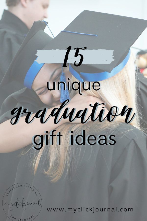 two graduates hugging each other with the words 15 unique graduation gift ideas on top of them