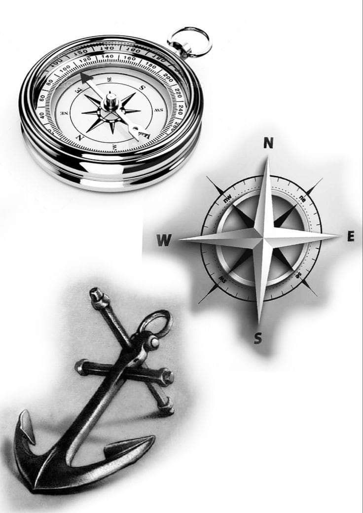 two compasss and an anchor are shown in black and white, with the same design