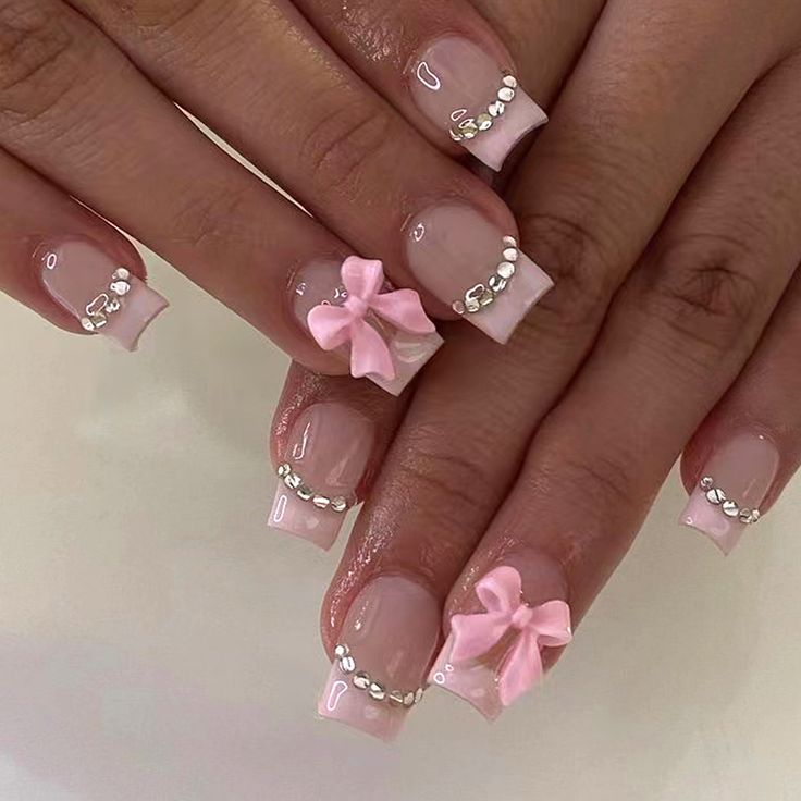 24pcs short-and medium-length false nails square nail , pink bow and sticky diamond design press on Short Nails Gems, Short Polygel Nails Design, Short Polygel Nail Ideas, Paznokcie Hello Kitty, Girly Acrylic, Nagel Tips, Easy Nails, Girly Acrylic Nails, Polygel Nails