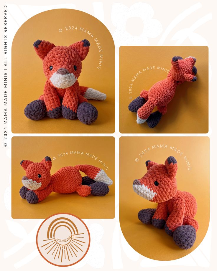 four different pictures of a stuffed animal that is made to look like a red fox