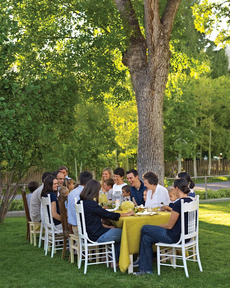 a group of people sitting at a table under a tree in the middle of a park