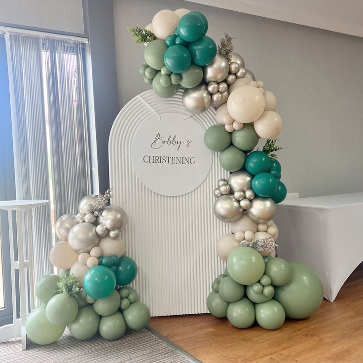 Christening balloon display for Bobby 🌿 Our ripple backdrop out this weekend in green shades 🫶🏼 Pop us a message to book your event balloons with us 💌 • #ripplebackdrop #christeningballoons #greenballoons #prestonballoons #crostonsportsclub #balloondisplay #balloonarch #balloonbackdrop Christening Balloon Decorations, Ripple Backdrop, Christening Backdrop, Baby Dedication Party, Diy Ballon, Christening Balloons, Event Balloons, Christening Ideas, Mum Daughter