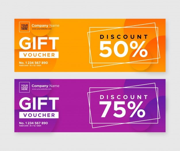 two colorful gift vouchers with discount and 50 % off coupons on them