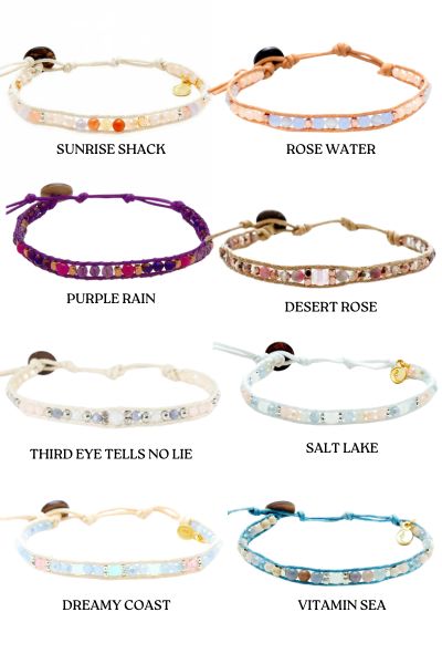 These are our go-to bracelets for spring & summer because they stay nice through all the wear + tear! Just find the right length, fasten the 100% bamboo button to where you need it & snip off the rest ! Looks so pretty even after a day at the pool, getting dirty while on an adventure, after showering, etc. These cord wrapped & natural stone bracelets are a shop Best Seller! Beachy color combos & gorgeous stones mixed with semi precious beading for an awesome everyday wear look! The Specs - Made Beachy Colors, Cord Wrap, Stone Bracelets, Vitamin Sea, Natural Stone Bracelets, Desert Rose, Purple Rain, Wild And Free, Rose Water