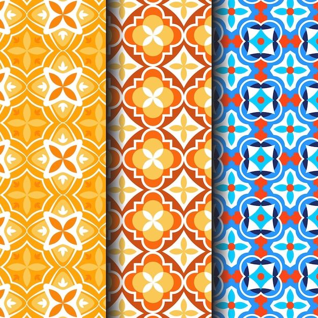 four different colored patterns with white and orange colors on the same pattern, each one has an ornate design